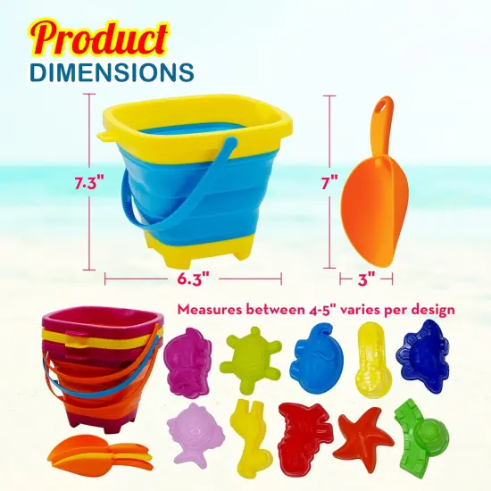 4E's Novelty 17 Pcs Beach Toys for Kids Travel - Sandcastle Building Kit 3 Collapsible Beach Bucket, 3 Shovels, 10 Sand Molds & Mesh Beach Bag, Collapsible Beach Toys for Kids {1}