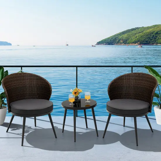 Costway 3PCS Patio Rattan Bistro Furniture Set Cushioned Chair Table Garden {1}
