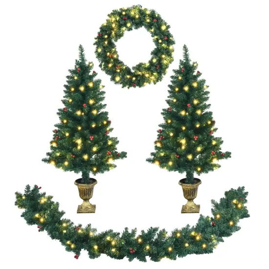 Costway 4pcs Pre-lit Christmas Decoration Set w/ Garland Wreath & Entrance Trees {1}