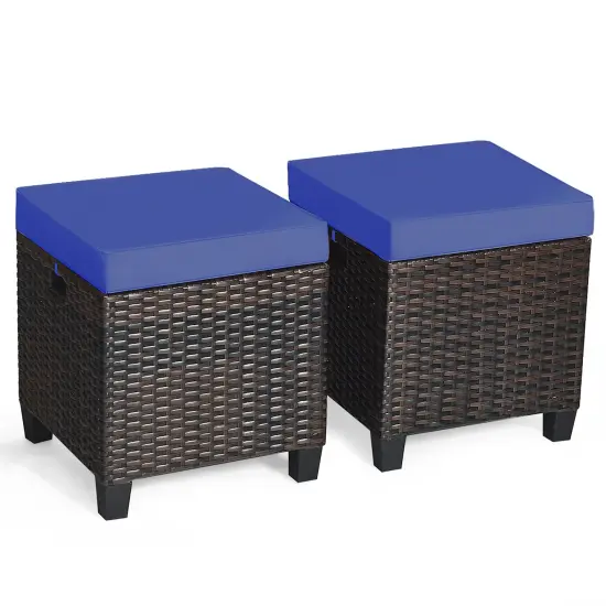 Costway 2PCS Patio Rattan Ottoman Cushioned Seat Foot Rest Coffee Table Furniture Garden Navy {2}