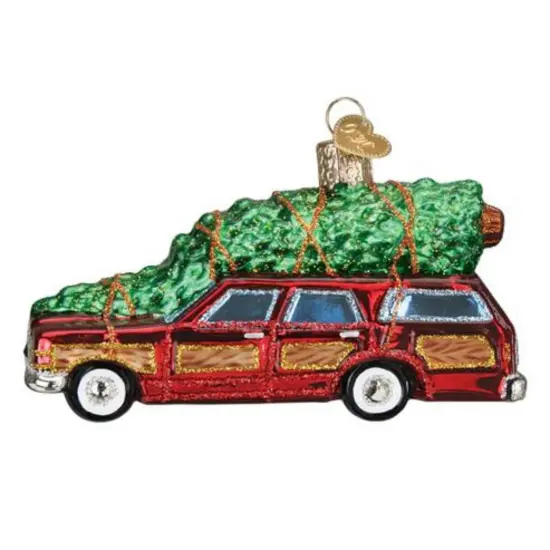 Old World Christmas 2.5 Inch Station Wagon With Tree Tree Ornament , Wood Look Trim Ornament Multicolored {1}