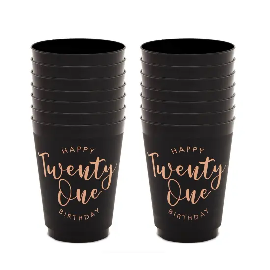 Black and Gold 21st Birthday Party Cups, Reusable Plastic Tumblers (16 oz, 16 Pack) {6}