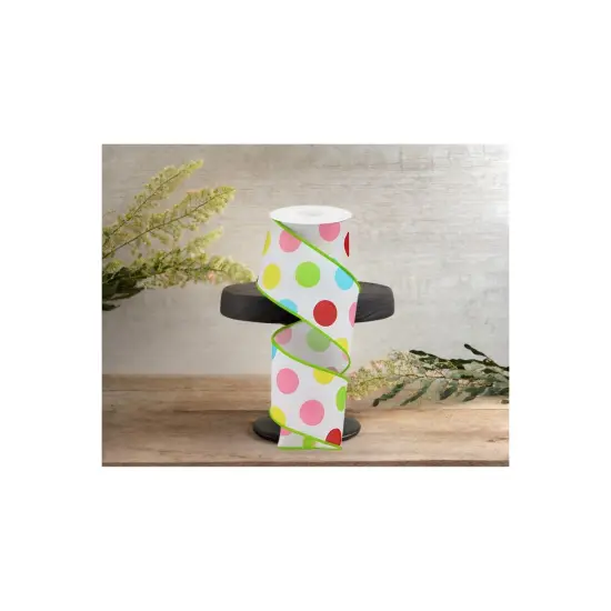2.5" Multi Polka Dots on Royal Ribbon: White/Green (10 Yards) {2}