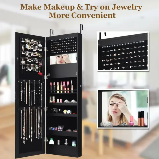 Costway Wall Door Mounted Mirror Jewelry Cabinet Organizer LED Lights {5}