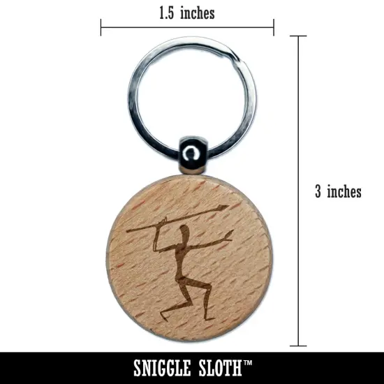 Cave Drawing Hunter Early Man with Spear Petroglyph Engraved Wood Round Keychain Tag Charm {2}