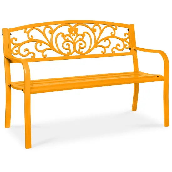 Best Choice Products Outdoor Steel Bench Garden Patio Porch Furniture w/ Floral Design Backrest Marigold {1}