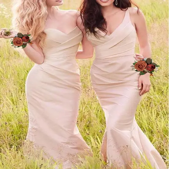 Burnt Orange Handmade Artificial Rose Peony Wrist Corsage {4}