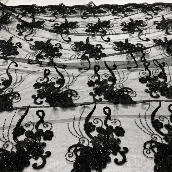 1 Yard Luxury Beaded and Corded Lace Fabric Embroidered Soft Polyester Net Mesh 54" Width Navy {2}