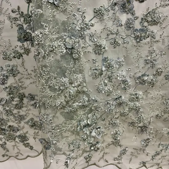 1 Yard Beaded 3D Floral Multitone Lace Fabric on 100% Polyester Net Mesh, Premium Embroidered Lace Fabric, 54" Width Sage {1}