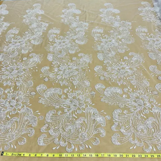 1 Yard Beaded Lace Fabric Embroidered on 100% Polyester Net Mesh, 52" Width, Premium Lace Fabrication White {2}