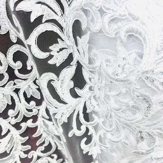 1 Yard Beaded & Corded Lace Fabric on 100% Polyester Net Mesh, White, 51" Wide, Embroidered Lace Fabric Ivory {3}