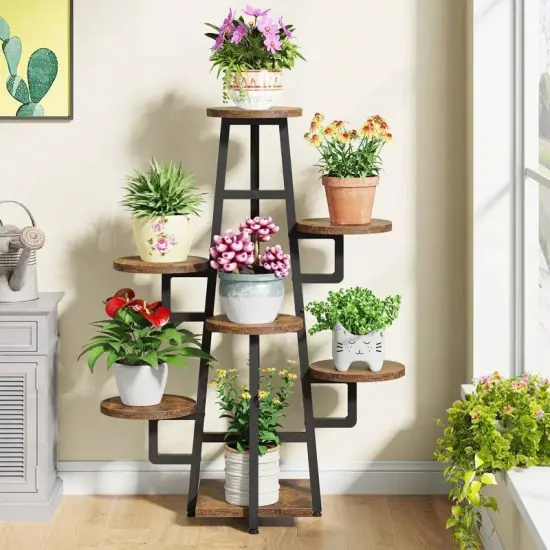 Metal and Wood 7-Tier Indoor Plant Stand with Scratch-Resistant Shelves Black {6}