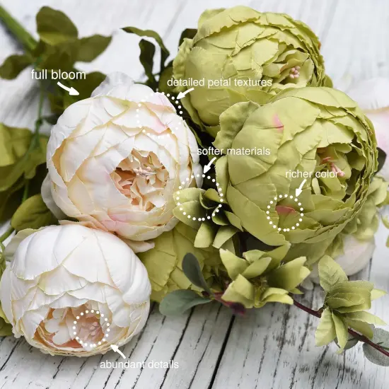 2 Bouquets Artificial Peonies Silk Flowers and Hydrangeas - Country Rustic (Beige, Green & Brown) {5}