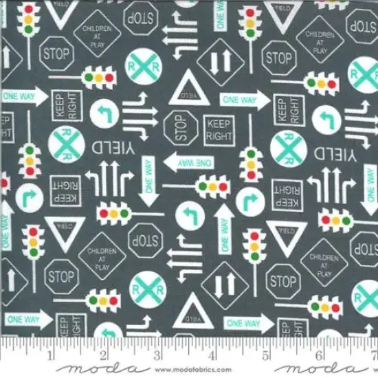 On The Go Grey Traffic Signs Asphalt 44"/45" Fabric Per Yard {1}