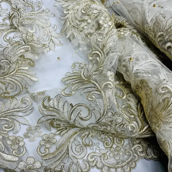 1 Yard Exquisite Beaded and Corded Bridal Lace Fabric Embroidered on 100% Polyester Net Mesh 54" Width Gold {2}