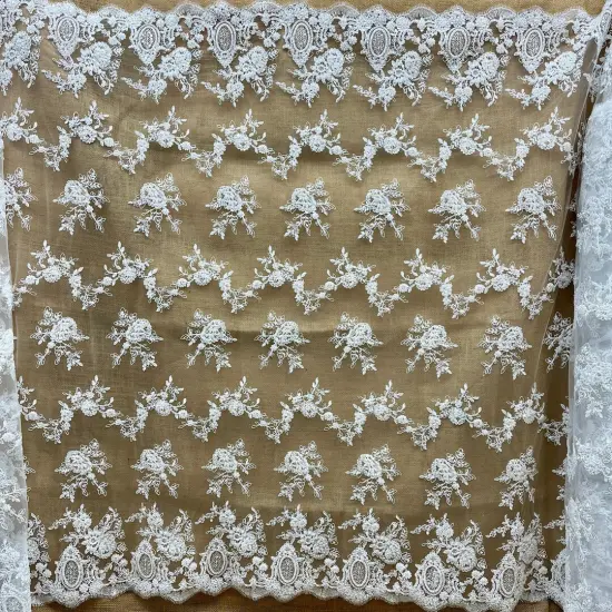1 Yard Beaded & Corded Bridal Lace Fabric on 100% Polyester Net Mesh, Embroidered, 49" Wide, Elegant Wedding Fabric White {1}