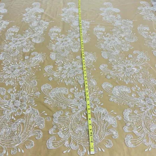 1 Yard Beaded Lace Fabric Embroidered on 100% Polyester Net Mesh, 52" Width, Premium Lace Fabrication White {1}