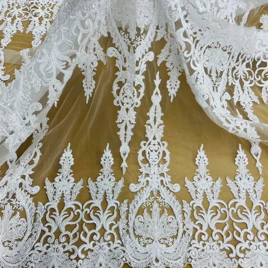 1 Yard Beaded & Corded Bridal Lace Fabric on 100% Polyester Net Mesh, Embroidered Lace Fabric, 51" Width Gold Metallic {4}