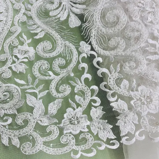 1 Yard Beaded Lace Fabric Embroidered on 100% Polyester Net Mesh - 54" Wide, Elegant Bridal & Dressmaking Fabric Antique Silver {3}