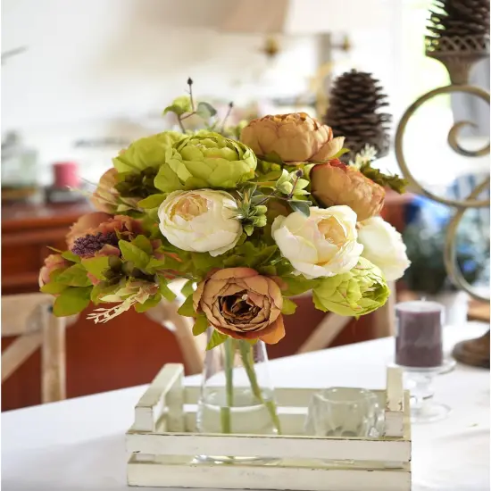 2 Bouquets Artificial Peonies Silk Flowers and Hydrangeas - Country Rustic (Beige, Green & Brown) {2}