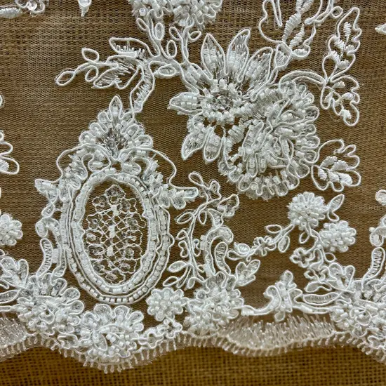 1 Yard Beaded & Corded Bridal Lace Fabric on 100% Polyester Net Mesh, Embroidered, 49" Wide, Elegant Wedding Fabric White {5}