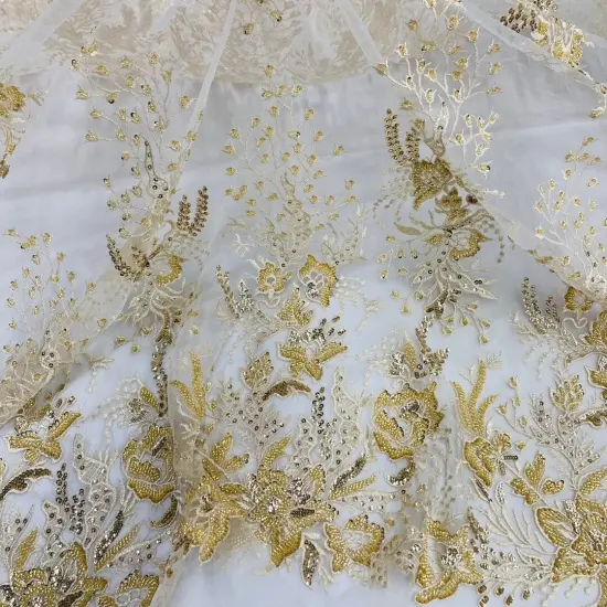 1 Yard Beaded Lace Fabric Embroidered on 100% Polyester Net Mesh, Gold, 52" Width, Premium Lace Fabric for Dresses & Crafts {1}
