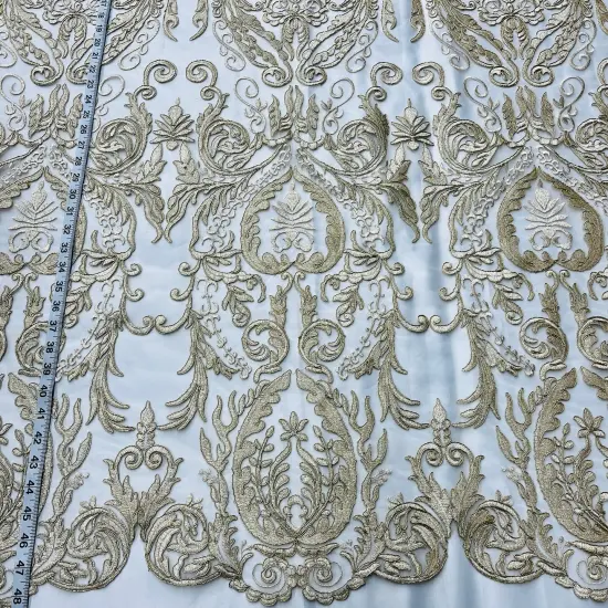 1 Yard White Corded Bridal Lace Fabric, 48&rdquo; Wide Embroidered Polyester Mesh Gold {4}