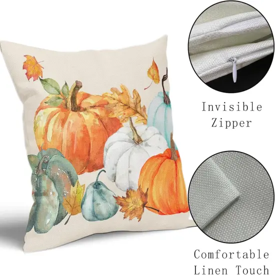Set of 2- Fall Pillow Covers 18x18,Watercolor Pumpkin Maple Leaf Throw {3}