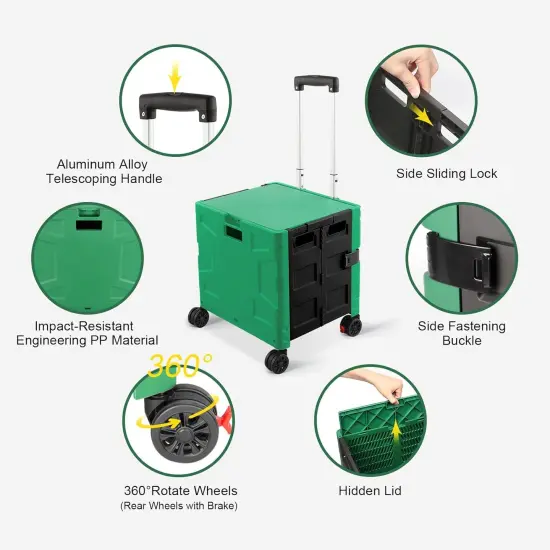 Folding Utility Cart Rolling Crate Handcart with Durable Heavy Duty Plastic Telescoping Handle Collapsible Hidden Lid 4 Rotate Wheels for Travel Shop Move Office Teacher Use(Dark Green&Black) {2}