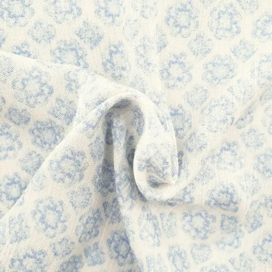 1 Yard Off White/Blue Floral Crinkle Rayon Fabric for Sewing Apparel Dresses 50/52 Inch Width {1}