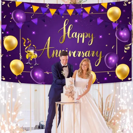 Happy Anniversary Backdrop Banner Decor Purple Gold {3}