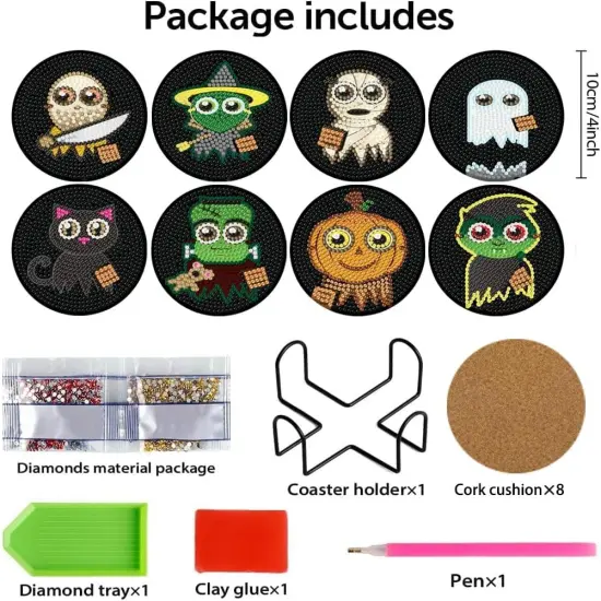 8 Pieces Halloween Diamond Art Coasters with Holder {2}