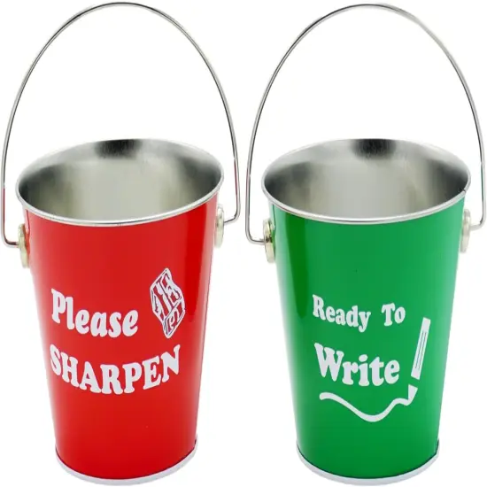 4E's Novelty Sharp and Dull Pencil Buckets - Set of 2 Metal Tin Pails, Back to School Teachers Classroom Management Organization Supplies {1}