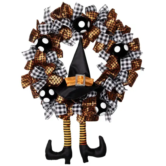 Northlight Witch with Bows and Ornaments Halloween Wreath - 24" - Orange and Black - Unlit {3}