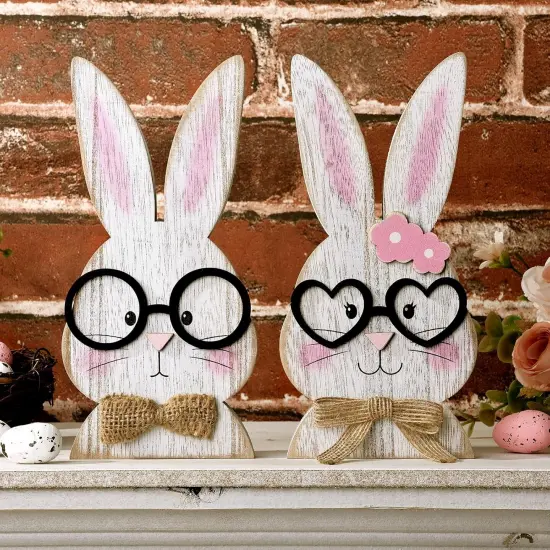 Easter Decorations: Rustic Antique Wooden Bunny Couple Happy Easter Table Centerpiece Signs, Farmhouse White Rabbit with Glasses Wood Easter Decor for Home Office Table, Cute Easter Gifts {1}