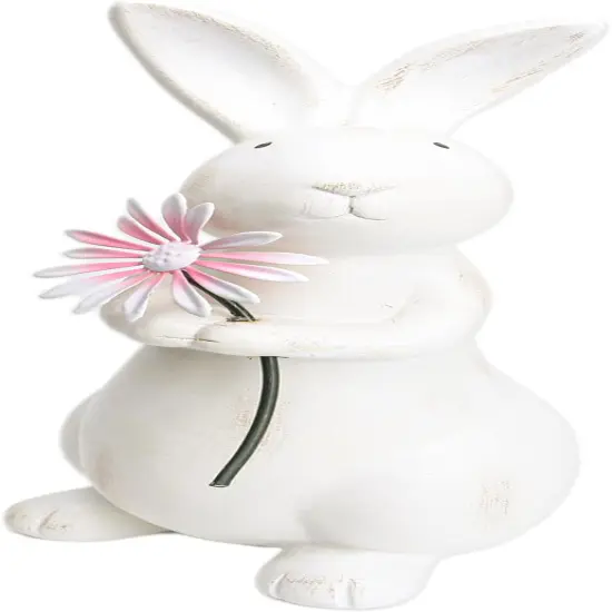 Spring Easter Decorations, 13.2" Distressed Resin Easter Bunny with Pink Flower, Easter Gifts, Farmhouse Decorative Rabbit for Tabletop Mantel, Spring Garden Yard Decor {1}