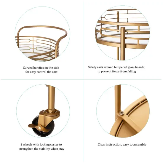 30.75"H Deluxe 2-Tier Metal Oval Mirrored Bar Cart -Golden {5}
