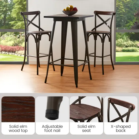 3 Piece Pub Table and Bar Chair Set - Steel Square Bar Table and Bar Chair Set Brown {4}