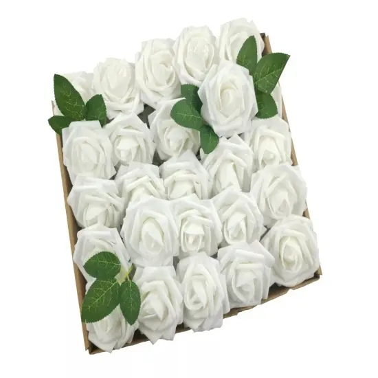 25pcs Artificial Flowers Real Looking Foam Roses Decoration DIY White {1}