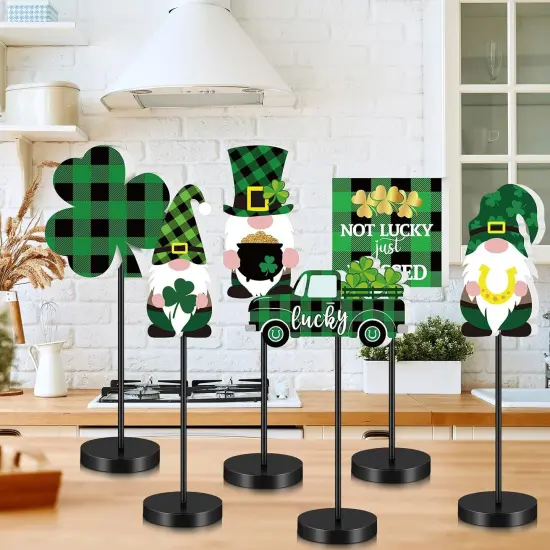 6 Pcs St Patrick's Day Table Decor Shamrock Wooden Table Signs Tall Standing Irish Gnome Truck Clover Block Set Lucky Table Centerpieces St Patrick's Day Sign for Tabletop Photo Prop {1}