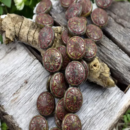 *12* 13mm Red Washed Opaque Chocolate Travertine Ishtar Coin Beads {3}