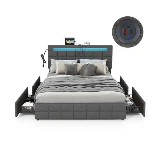 Grey Velvet Upholstered LED Bed Frame with Headboard and Storage Drawers {2}