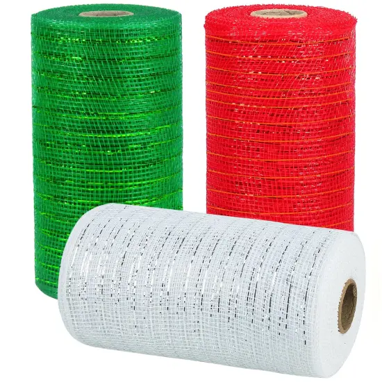 3 Rolls Mesh Ribbon for Wreaths, 6 Inch x 30 Feet Each Roll Red Green White Poly Deco Mesh Rolls, Christmas Ribbon for Wreaths, Swags and Christmas Tree Decoration {1}