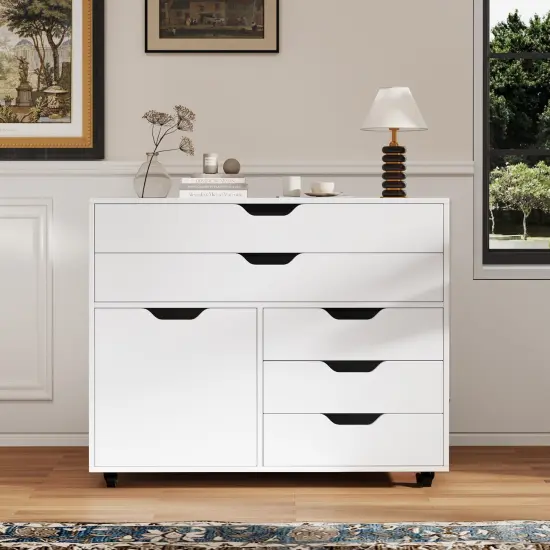 Modern Vertical 5-Drawer Mobile Chest with Door 5 Casters-White {2}