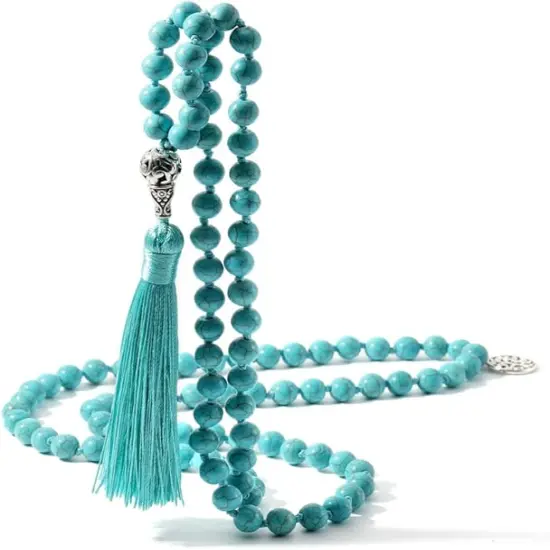 108 Mala Beads Necklace Semi-Precious Gem Stones Meditation Necklace 108 Hand Knotted Japa Mala Beaded Tassel Necklace with Tree of Life Pendant {2}