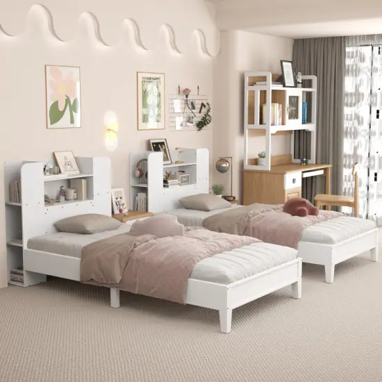 Wooden Twin Bed Frame with Bookcase Headboard Storage Shelves and Under-bed Space White {6}
