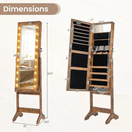 Full Length Mirror Jewelry Cabinet with 20 Warm Lights and 4 Tilt Angles Rustic Brown {5}