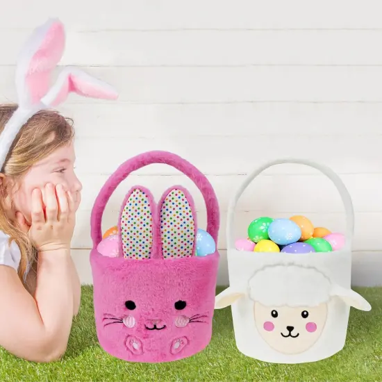 Set of 2pcs, Dia 7.9" * H 15.7", Plush Bunny&Lamb Baskets Easter Basket Easter Egg Hunting Basket Easter Decorations Party Supplies Eggs Gifts Storage {3}