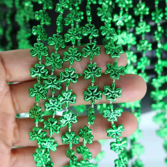 12 pack of 33 St. Patricks Day Shamrock bead Necklaces, Mardi Gras Bead Necklaces, Matellic Green Shamrock Clover Bead Necklaces, Party Beads, Costume Jewelry {4}