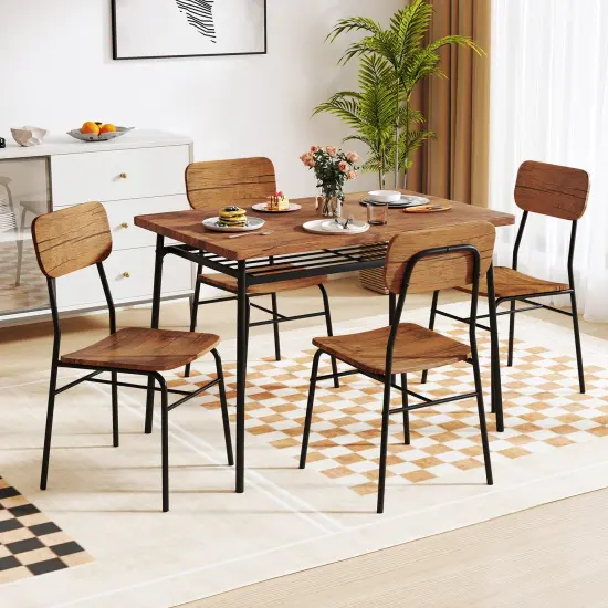 5-Piece Table Set for 4 with Metal Frame and Storage Rack-Brown {2}